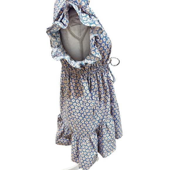 By Anthropologie v neck White, yellow & Blue flutter sleeve Tie Front dress MP - Picture 8 of 11